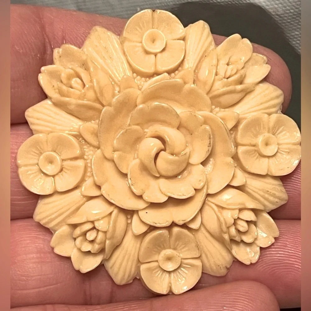 Japan carved early plastic celluloid floral brooch / pin, vintage